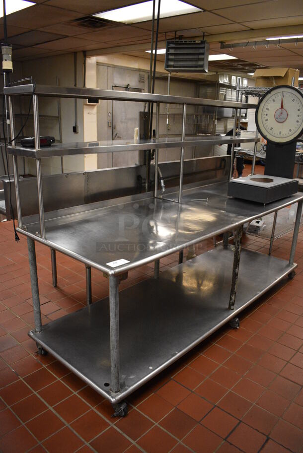 Stainless Steel Commercial Table w/ Double Over Shelf and Under Shelf on Commercial Casters. 96x34x64. (kitchen)