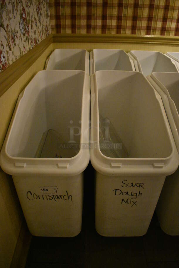 4 White Poly Ingredient Bins w/ Clear Lids on Commercial Casters. 13x29x28.5. 4 Times Your Bid! (buffet)