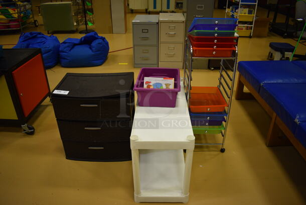 ALL ONE MONEY! Lot of Various Items Including Brown Poly 3 Drawer Cabinet, White Poly 2 Tier Rack and Metal Rack w/ Poly Various Colored Bins. Includes 13x14x36. (Chipperfield Elementary Gym) 