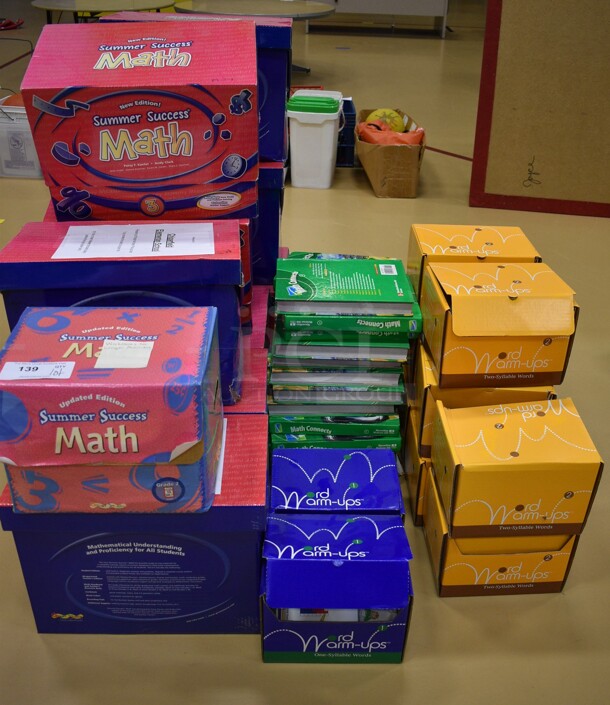 ALL ONE MONEY! Lot of Various Items Including Math Connects Textbooks, 10 Summer Success Kits and 10 Word Warm Ups Kits. (Chipperfield Elementary Gym)
