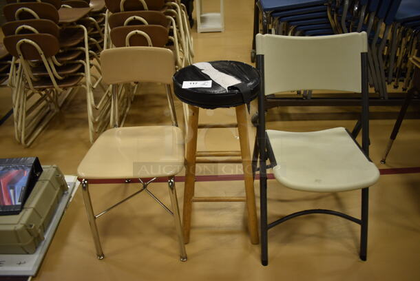 3 Various Items; Metal Chair, Stool and Poly Folding Chair. Includes 17x17x32. 3 Times Your Bid! (Chipperfield Elementary Gym)