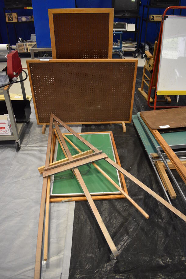 ALL ONE MONEY! Lot of 7 Various Items; 2 Easels, 2 Green Chalkboards, Bulletin Board and 2 Standing Bulletin Boards. Includes 47x10x34. (Middle School Gym)