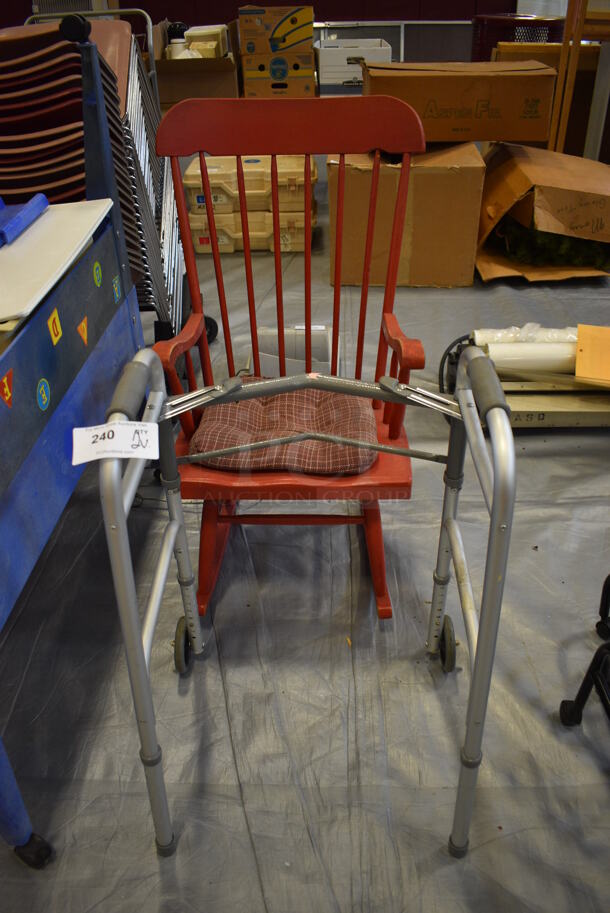 ALL ONE MONEY! Lot of 2 Various Items; Wooden Rocking Chair and Walker. 24x20x34, 22x29x41. (Middle School Gym)