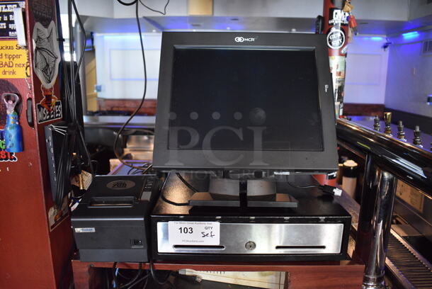 NCR 15" POS Monitor w/ Epson Model M129H Receipt Printer and Metal Cash Drawer. (bar)
