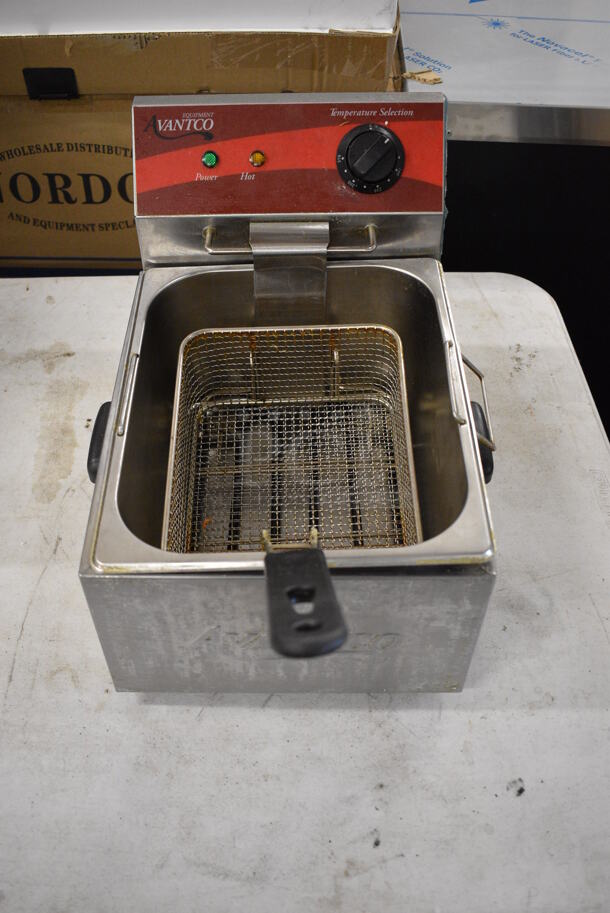 Avantco 177F100 Stainless Steel Countertop Electric Powered Deep Fat Fryer w/ Metal Fry Basket. 120 Volts, 1 Phase. 11x18x16