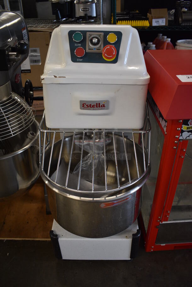 Estella HS20S Metal Commercial Floor Style 21 Quart Spiral Dough Mixer w/ Stainless Steel Mixing Bowl, Paddle Attachment and Bowl Guard. 120 Volts, 1 Phase. 15x27x36. Tested and Working!
