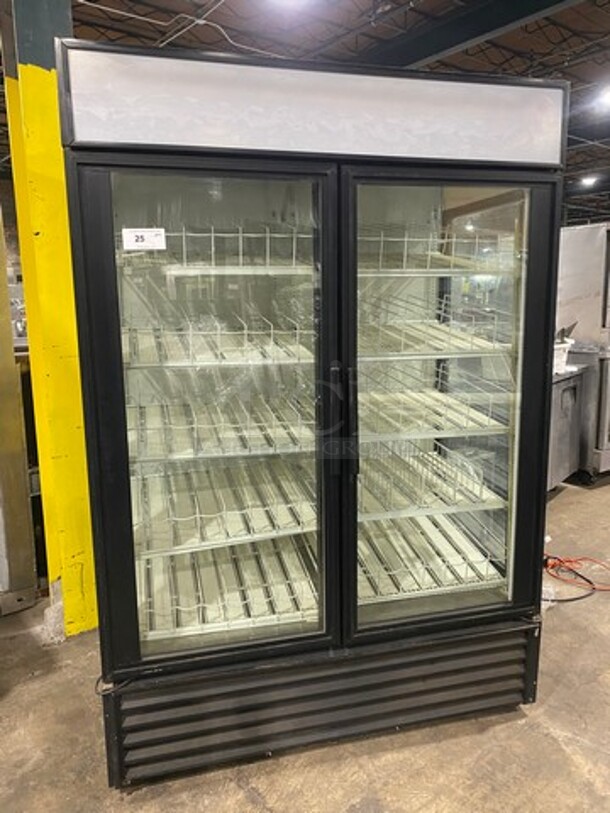 NICE! True Commercial 2 Door Reach In Cooler Merchandiser! With View Through Doors And Sides! With Poly Beverage Racks! Model: GEM49 SN: 14438952 115V 60HZ 1 Phase