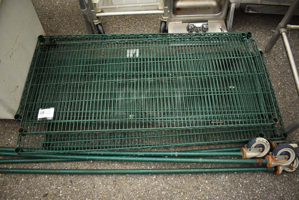 ALL ONE MONEY! Lot of 7 Green Finish Wire Shelves and 4 Poles on Commercial Casters. 54x24x1.5