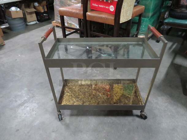 One Metal 2 Shelf Serving Cart With Glass Shelves And Leather Handles, On Casters. 32.5X13.5X32