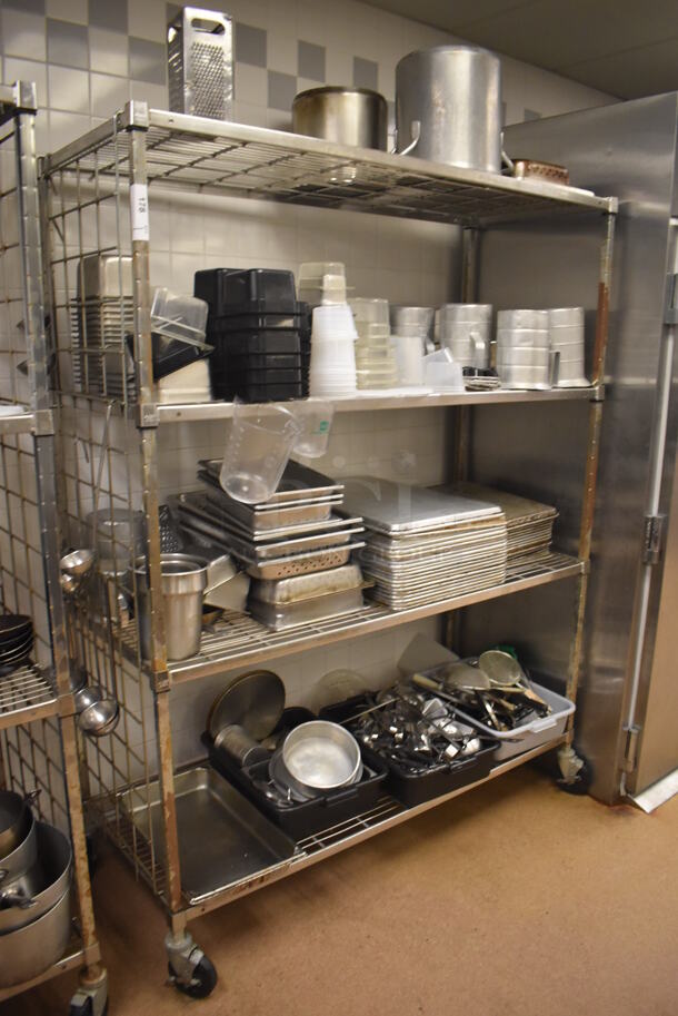 Metal 4 Tier Wire Shelving Unit on Commercial Casters w/ Contents Including Stainless Steel Drop In Bins, Metal Pitchers and Utensils. BUYER MUST DISMANTLE. PCI CANNOT DISMANTLE FOR SHIPPING. PLEASE CONSIDER FREIGHT CHARGES. 60x24x78. (Education Kitchen 2)