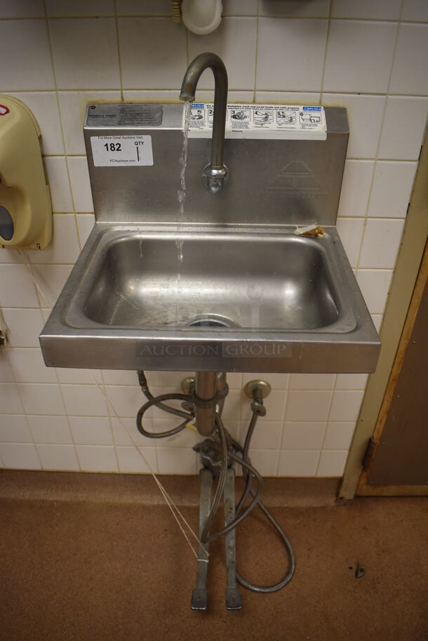 Advance Tabco Stainless Steel Commercial Single Bay Wall Mount Sink w/ Faucet and Foot Pedals. BUYER MUST REMOVE. 17.5x15.5x19. (Education Kitchen 2)