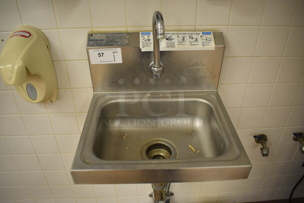 Advance Tabco Stainless Steel Commercial Single Bay Wall Mount Sink w/ Faucet and Foot Pedals. BUYER MUST REMOVE. 17.5x15.5x19. (Pastry Kitchen)