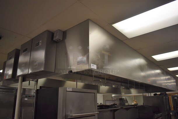 LATE MODEL! 21' Vent Master Stainless Steel Commercial Grease Hood w/ 3 Ansul Fire Suppression Boxes. BUYER MUST REMOVE. 256x120x26. (Restaurant Kitchen)