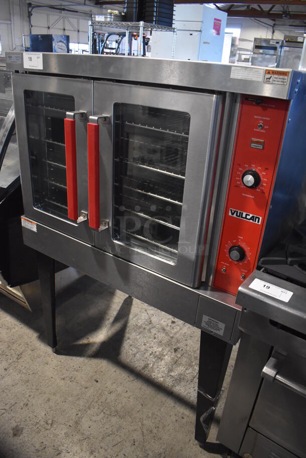 Vulcan Stainless Steel Commercial Electric Powered Full Size Convection Oven w/ View Through Doors, Metal Oven Racks and Thermostatic Controls on Metal Legs. 240 Volts, 1 or 3 Phase. 40x32x58