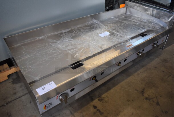 BRAND NEW SCRATCH AND DENT! 2022 Cooking Performance Group 351GTCPG72NL Stainless Steel Commercial Countertop 72" Natural Gas Powered Flat Top Griddle w/ Thermostatic Controls. Missing Knobs and 1 Burner. 180,000 BTU. 72x30x13