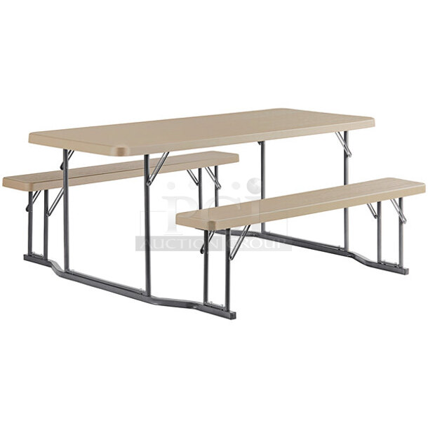 BRAND NEW SCRATCH AND DENT! Lancaster Table & Seating 384PIC3072FB 30" x 71" Rectangular Brown Faux Wood Folding Picnic Table with Attached Benches. Stock Picture Used For Gallery