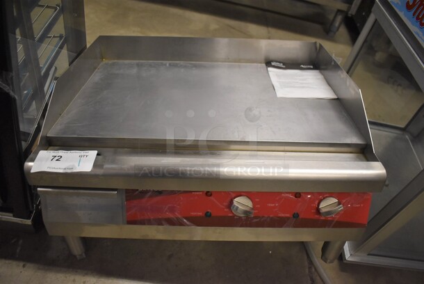 BRAND NEW SCRATCH AND DENT! Avantco 177EG24N Stainless Steel Commercial Countertop Electric Powered Flat Top Griddle. Missing 1 Leg. 208/240 Volts, 1 Phase. 24x19x12. Tested and Working!