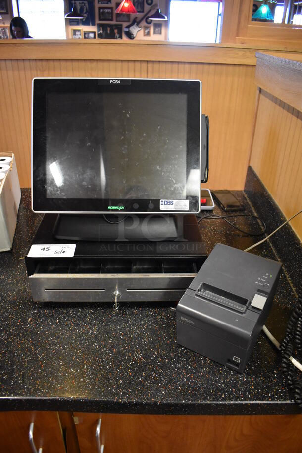 ALL ONE MONEY! Lot of Posiflex XT-3000 15" POS Monitor w/ Epson M267D Receipt Printer and Metal Cash Drawer. (Front Kitchen)