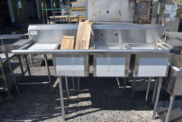 BRAND NEW SCRATCH AND DENT! Regency 600S3171718 LFT Stainless Steel Commercial 3 Bay Sink w/ Left Side Drain Board. Bays 17x17x12. Drain Board 16.5x18.5