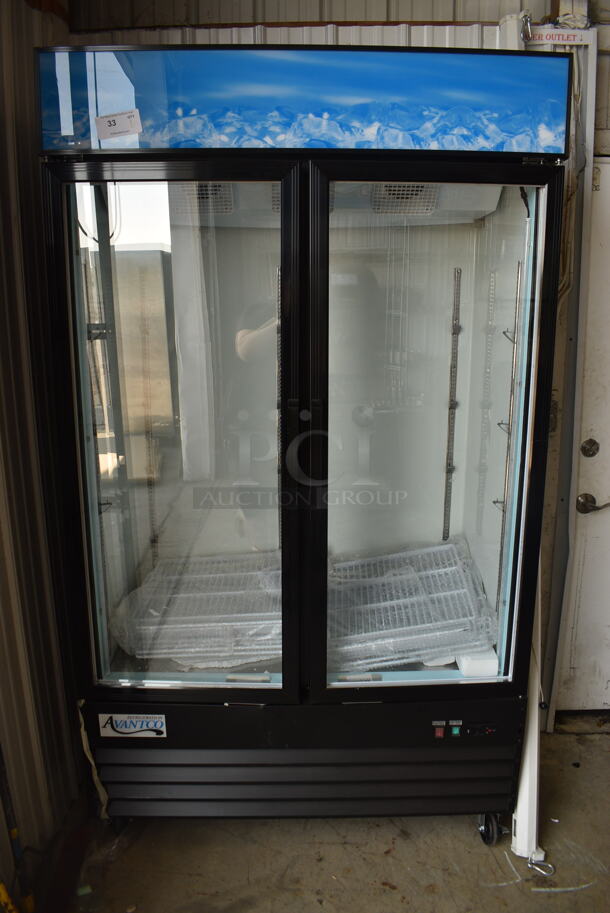 BRAND NEW SCRATCH AND DENT! Avantco GDC-40-HC 48" Black Swing Glass Door Merchandiser Refrigerator with LED Lighting. 115 Volts. Tested and Working!