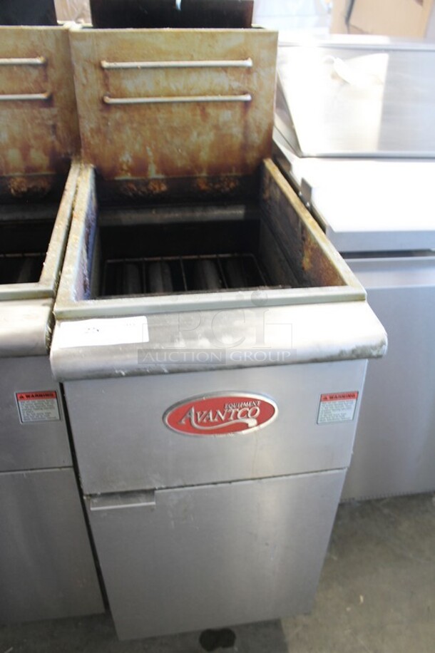 2022 Avantco FF400-N Stainless Steel Commercial Floor Style Natural Gas Powered Deep Fat Fryer. 120,000 BTU.