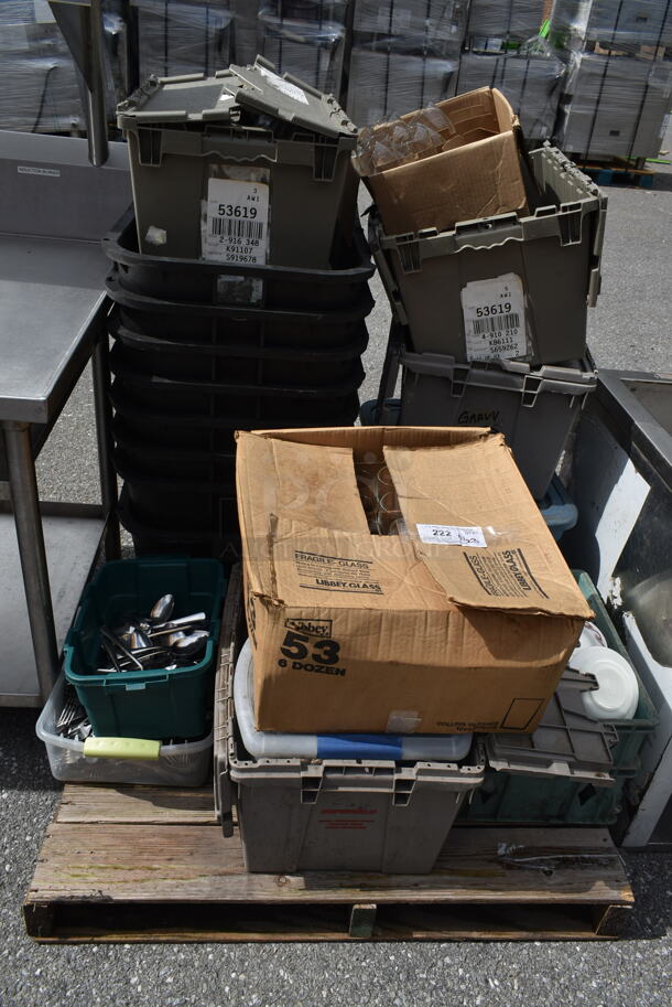 PALLET LOT of Poly Bins and Contents Including Spoons, Forks, and Glasses