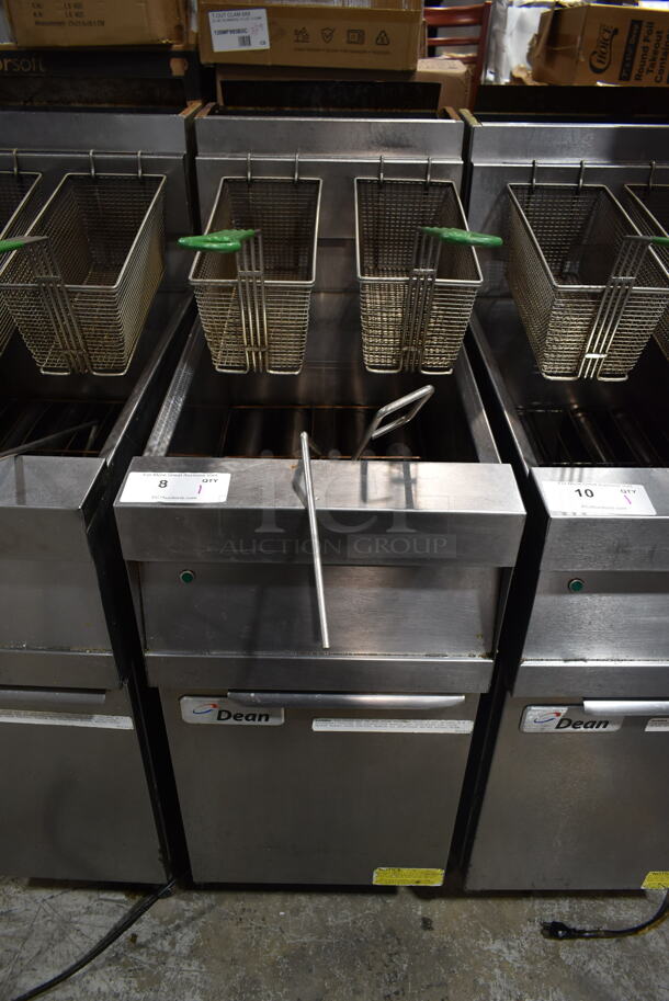 2017 Dean D150GNTS Stainless Steel Commercial Floor Style Natural Gas Powered Deep Fat Fryer w/ 2 Metal Fry Baskets on Commercial Casters. 120,000 BTU. 