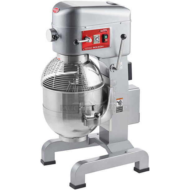 BRAND NEW SCRATCH AND DENT! Avantco MX40H Metal Commercial Floor Style 40 Quart Planetary Dough Mixer w/ Stainless Steel Mixing Bowl, Bowl Guard, Paddle, Dough Hook and Whisk Attachments. See Pictures For Damage on the Top of the Unit. 240 Volts. 