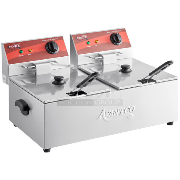 BRAND NEW SCRATCH AND DENT! 2023 Avantco 177F102 Stainless Steel Countertop Electric Powered 2 Bay Fryer w/ 2 Metal Fry Baskets and 2 Lids. 120 Volts, 1 Phase. 