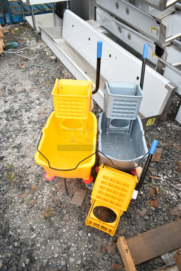 2 BRAND NEW SCRATCH AND DENT! Mop Buckets; 274MOPBCKTYE Lavex 35 Qt. Yellow Mop Bucket & Side Press Wringer Combo and 274MBCKT26GY Lavex 26 Qt. Grey Mop Bucket and Side Press Wringer Combo w/ Extra 274MOPWRINGR Lavex Yellow Replacement Mop Bucket Side Press Wringer for Lavex Mop Buckets. 2 Times Your Bid!