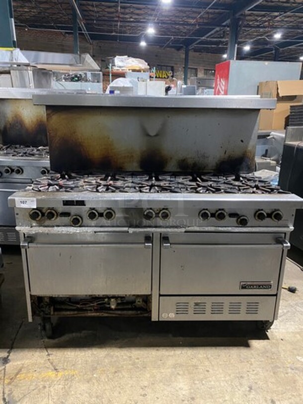 Garland Natural Gas Powered 10 Burner Stove! With 2 Full-Sized Convection Ovens! With Metal Oven Racks! With Raised Back Splash & Salamander Shelf! Stainless Steel! On Casters! WORKING WHEN REMOVED!