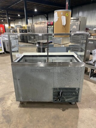 Leader Commercial Refrigerated Sandwich/Salad Prep Table! Stainless Steel! With Glass Top Display and Shelves! With 2 Door Rear Access! With Full Length Cutting Board! On Casters! 115V 1 Phase! Model: LM48 S/C SN: GX09S1105E!