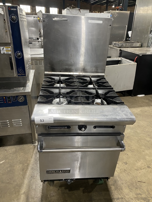 American Range Commercial Natural Gas Powered 4 Burner Stove! With Raised Back Splash! With Full Size Oven Underneath! All Stainless Steel! On Legs!
