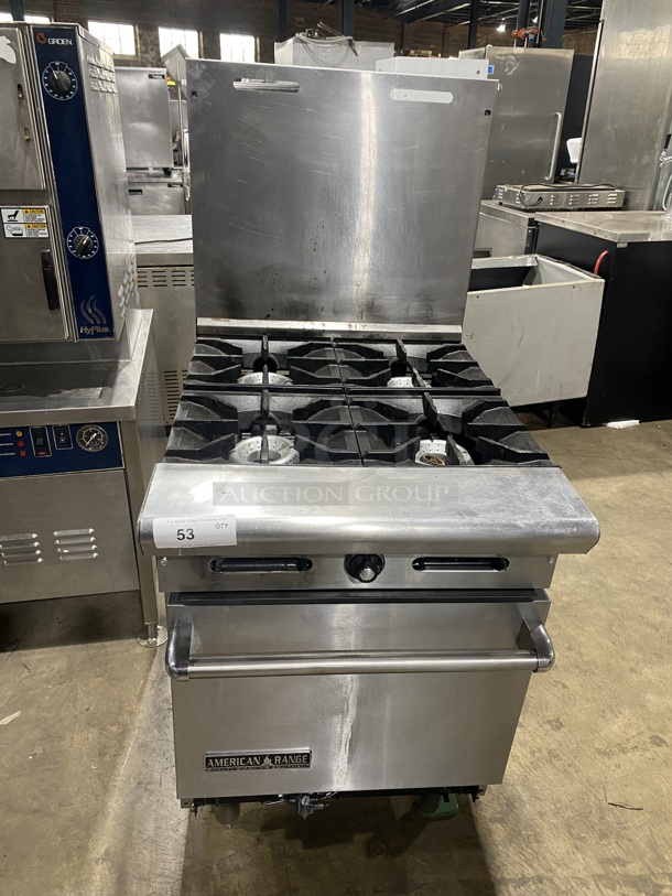 American Range Commercial Natural Gas Powered 4 Burner Stove! With Raised Back Splash And Salamander Shelf! With Oven Underneath! All Stainless Steel! On Legs! - Item #1127577