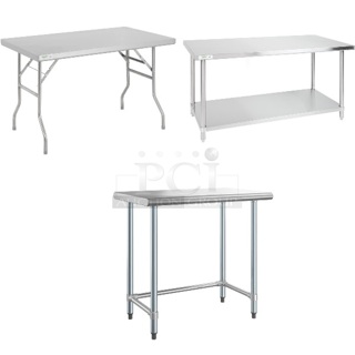 3 BRAND NEW SCRATCH AND DENT! Items Including Regency 600FWT3048 30" x 48" 18-Gauge Stainless Steel Open Base Folding Work Table, Regency 600TS3072S 30" x 72" 16-Gauge 304 Stainless Steel Commercial Work Table with Undershelf, Steelton 522ETOB2436 24" x 36" 18-Gauge 430 Stainless Steel Open Base Work Table. 3 Times Your Bid! May Be Missing Pieces.  