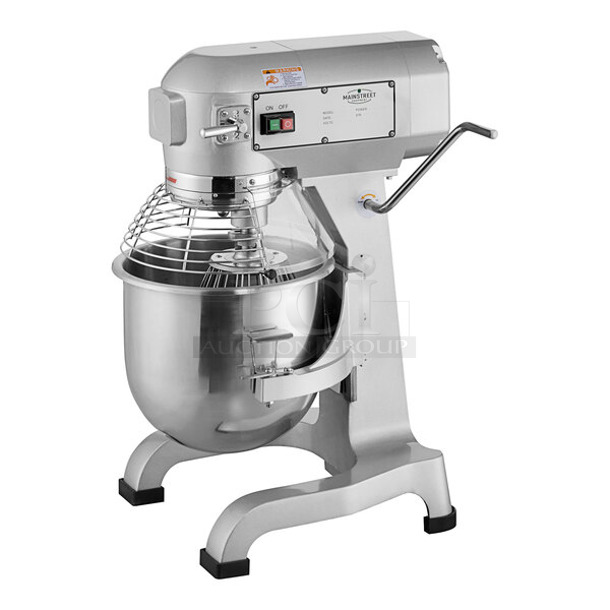 BRAND NEW SCRATCH AND DENT! 2023 Main Street Equipment 541CMIX20 Metal Commercial Countertop 20 Quart Planetary Dough Mixer w/ Stainless Steel Mixing Bowl, Bowl Guard, Paddle, Whisk and Dough Hook Attachments. 120 Volts, 1 Phase. Tested and Working!