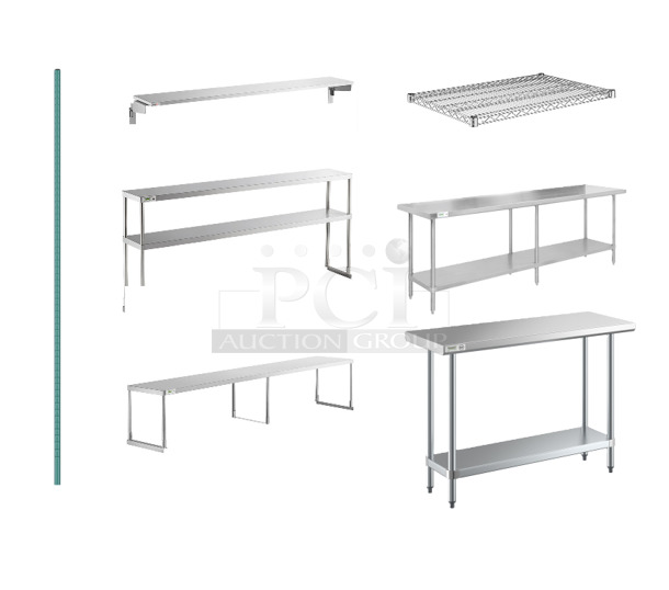 PALLET LOT of 8 Various BRAND NEW SCRATCH AND DENT! Items; Box of 4 Regency 460EGPC64 64" NSF Green Epoxy Mobile Shelving Post, ServIt 423ST5TSDS Solid Drop Down Side Tray Slide for 5-Pan Steam Tables, Regency 600DOS1272 Stainless Steel Double Deck Overshelf - 12" x 72" x 32", Regency 600SOS1896 Stainless Steel Single Deck Overshelf - 18" x 96" x 19 1/4", Box of 4 Regency 460EC2436 24" x 36" NSF Chrome Wire Shelf, 2 Regency 600TS3084S 30" x 84" 16-Gauge 304 Stainless Steel Commercial Work Table with Undershelf, Regency 600T1848G 18" x 48" 18-Gauge 304 Stainless Steel Commercial Work Table with Galvanized Legs and Undershelf. 8 Times Your Bid!