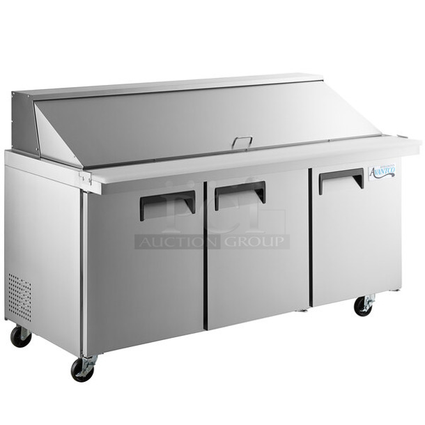 BRAND NEW SCRATCH AND DENT! 2023 Avantco 178APT71MHC Stainless Steel Commercial Sandwich Salad Prep Table Bain Marie Mega Top on Commercial Casters. 115 Volts, 1 Phase. Tested and Working!