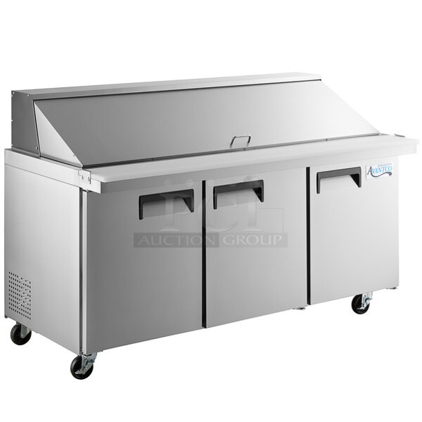BRAND NEW SCRATCH AND DENT! 2023 Avantco 178APT71MHC Stainless Steel Commercial Sandwich Salad Prep Table Bain Marie Mega Top on Commercial Casters. 115 Volts, 1 Phase. - Item #1128165
