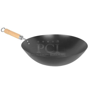 Box of 8 BRAND NEW SCRATCH AND DENT! Thunder Group 407TF001 12" Non-Stick Steel Flat Bottom Mandarin Wok with Wood Handle