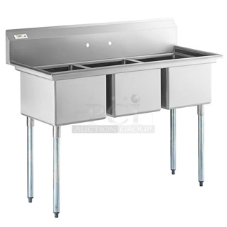 BRAND NEW SCRATCH AND DENT! Regency 600S31717 60" 16 Gauge Stainless Steel Three-Compartment Commercial Sink with Galvanized Steel Legs - 17" x 17" x 12" Bowls. No Legs. 