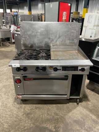 Vulcan Natural Gas Powered 4 Burner Range Split Top With Flat Griddle & Oven Underneath! All Stainless Steel! With Back Splash! 120V 1 Phase! Model: G481FLC SN:657080944!