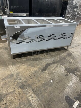 NEW! Scratch-N-Dent! Prepline Natural Gas Powered 5 Pan Sealed Well Hot Food Steam Table! With Sliding Doors Enclosed Base! All Stainless Steel! With Full Length Cutting board! On Legs! Model: GST-5OW-CBSD!