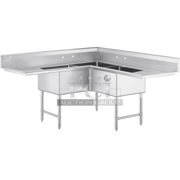 BRAND NEW SCRATCH AND DENT! Regency 600S3242424C Stainless Steel Commercial 3 Bay L Shaped Sink w/ Dual Drain Board. No Legs. Bays 24x24. Drain Boards 22x26