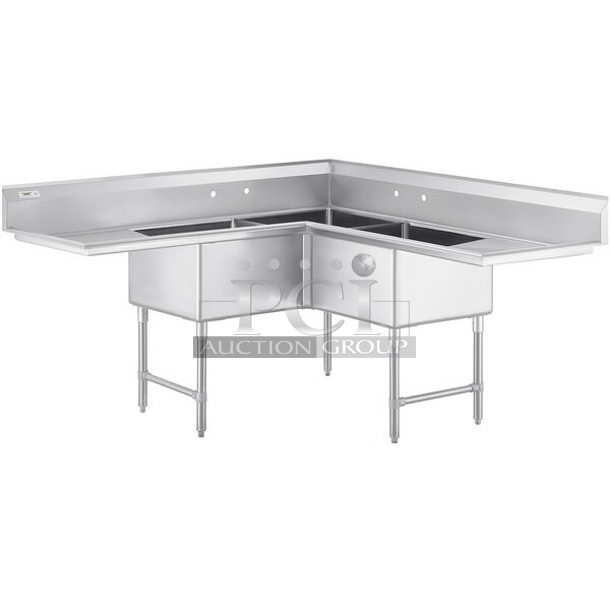 BRAND NEW SCRATCH AND DENT! Regency 600S3242424C Stainless Steel Commercial 3 Bay L Shaped Sink w/ Dual Drain Board. No Legs. Bays 24x24. Drain Boards 22x26 - Item #1127863