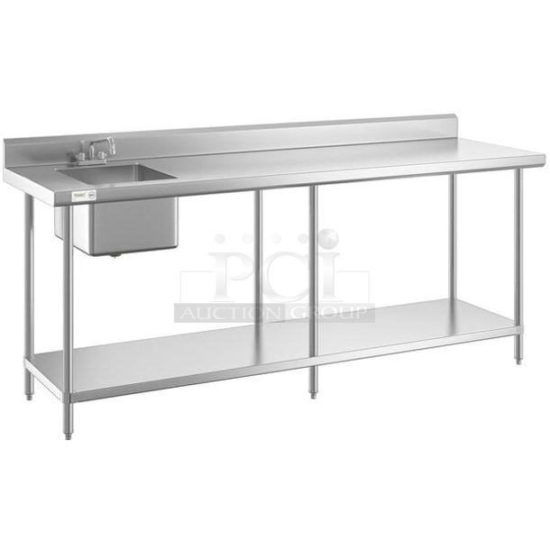 BRAND NEW SCRATCH & DENT! Regency 60ST3096L 30" x 96" 16 Gauge Stainless Steel Work Table with Sink - Sink on Left. 30x96x40-1/2. Dented. 