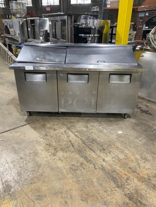 WOW! Commercial Mega Top Refrigerated Sandwich/Salad Prep Table! All Stainless Steel! With 3 Door Refrigerated Storage Underneath! With Poly Coated Racks! On Casters! 