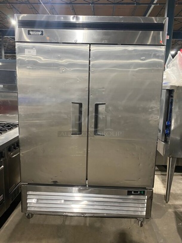 Bison Stainless Steel Commercial 2 Door Reach In Cooler! With Poly Coated Racks! On Commercial Casters! 