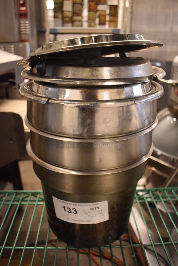 3 Stainless Steel Cylindrical Drop In Bins w/ 3 Lids. 9.5x9.5x8. 3 Times Your Bid!