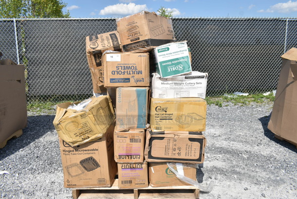 PALLET LOT of 23 BRAND NEW Boxes Including 176SLPN5X1L Baker's Lane 1 lb. 5-Strap Glazed Aluminized Steel Bread Loaf Pan - 9" x 4 1/2" x 2 3/4", Lavex Multi Fold Towels, Choice #3 Paper Food Containers, 394445XL Noble NexGen 3 Mil Blue Biodegradable Powder-Free Nitrile Gloves - 1000/Case, 346WKFSNSPM Choice White Medium Weight Wrapped Plastic Cutlery Pack with Napkin and Salt / Pepper Packets - 500/Case, 127CH06 Choice 6 oz. Clear RPET Hinged Deli Container - 400/Case, 395TO991 EcoChoice 9" x 9" x 3" Compostable Sugarcane / Bagasse 1 Compartment Take-Out Box - 200/Case, 2 Box 17RP09PP.BK Fineline ReForm 9" Black Polypropylene Plate - 400/Case, 500TO883 Choice 8" x 8" x 3" Microwaveable 1-Compartment Black / Clear Plastic Hinged Container - 100/Case, 127DMDLDBULK Choice Ultra Clear PET Plastic Round Deli Container Dome Lid - 500/Case, 4 Box 795PTOKFT3 Choice Kraft Microwavable Folded Paper #3 Take-Out Container 7 3/4" x 5 1/2" x 2 1/2" - 200/Case, CTR16BD Dart SafeSeal 16 oz. Plastic Tamper-Resistant, Tamper-Evident Bowl with Dome Lid - 240/Case. 23 Times Your Bid! 